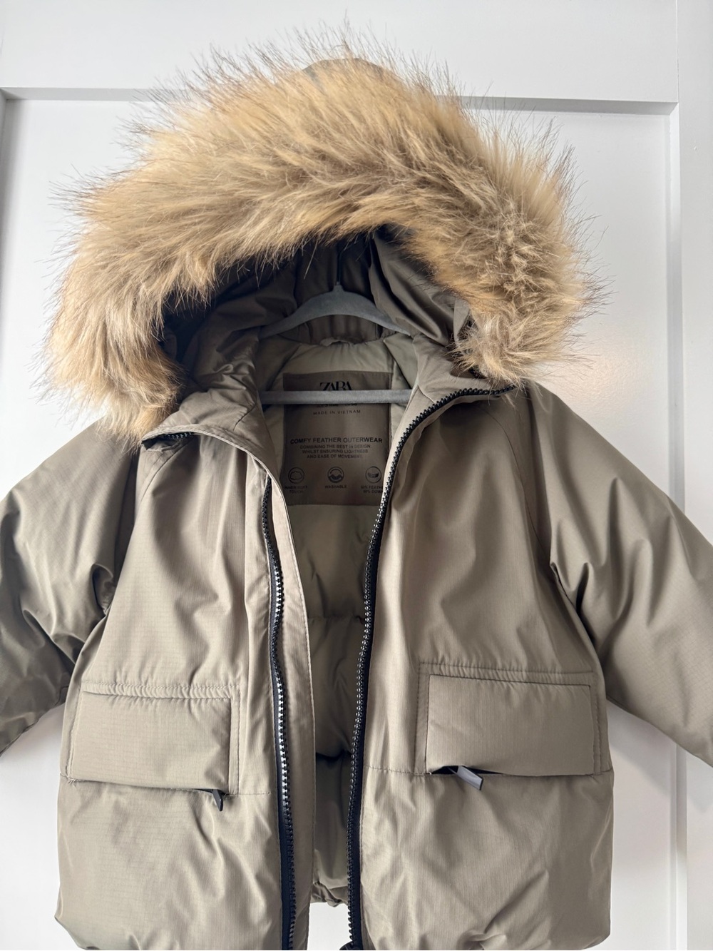 Zara Kids Beige Puffer Jacket with Faux Fur Hood